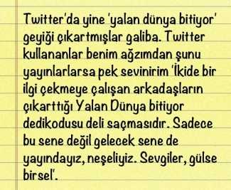 Yalan Dünya’nın geleceği hakkında Gülse Birsel’den not var! Yalan Dünya'nın geleceği hakkında Gülse Birsel'den not var!